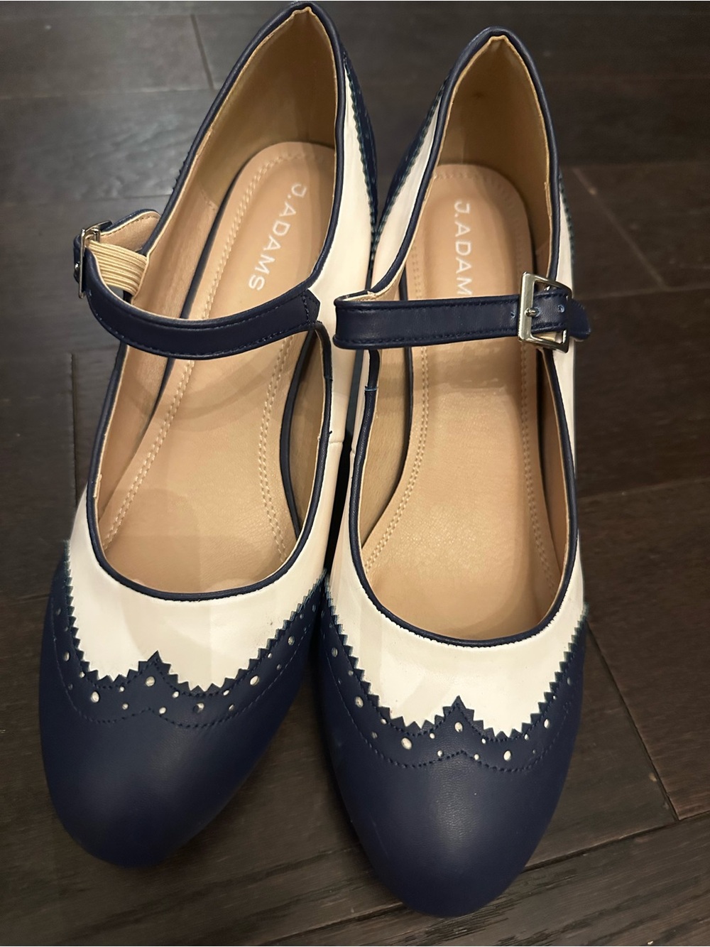 J. Adams Navy and White Mary Jane Heels with Buckle Strap